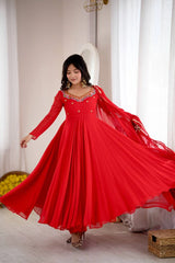Red Anarkali Suit back view open dori tie-up neckline KU268