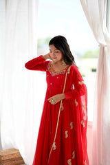 Red Suit sleeve pearl sequins embroidery close detail KU268
