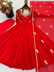 Red Anarkali Suit hanger display with dupatta booti KU268