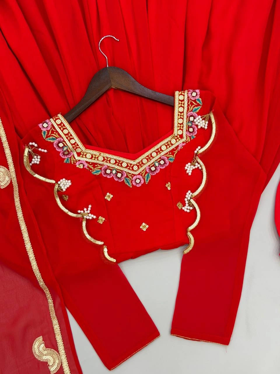 Red Faux Georgette Anarkali Suit flatlay full set KU268