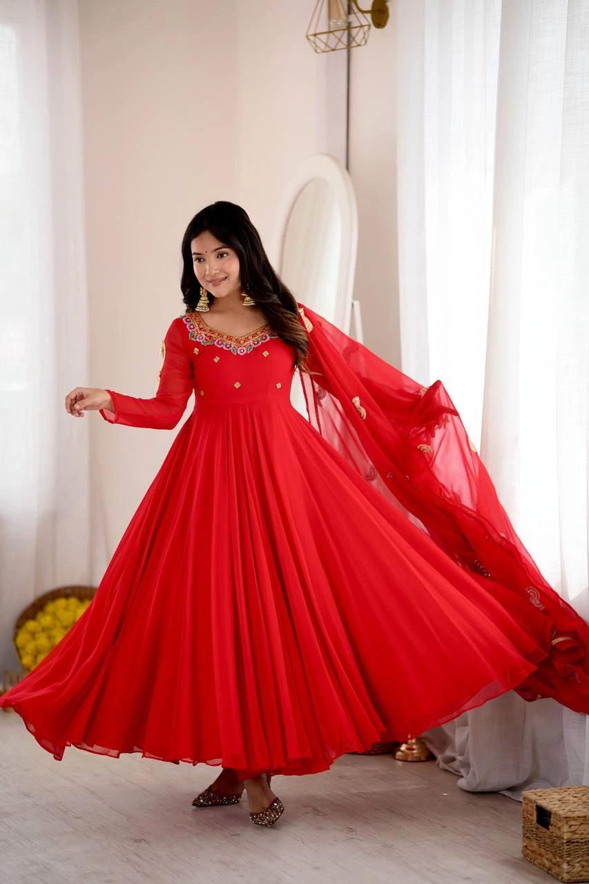 Red Sequins Embroidered Suit Anarkali model full length action shot KU268