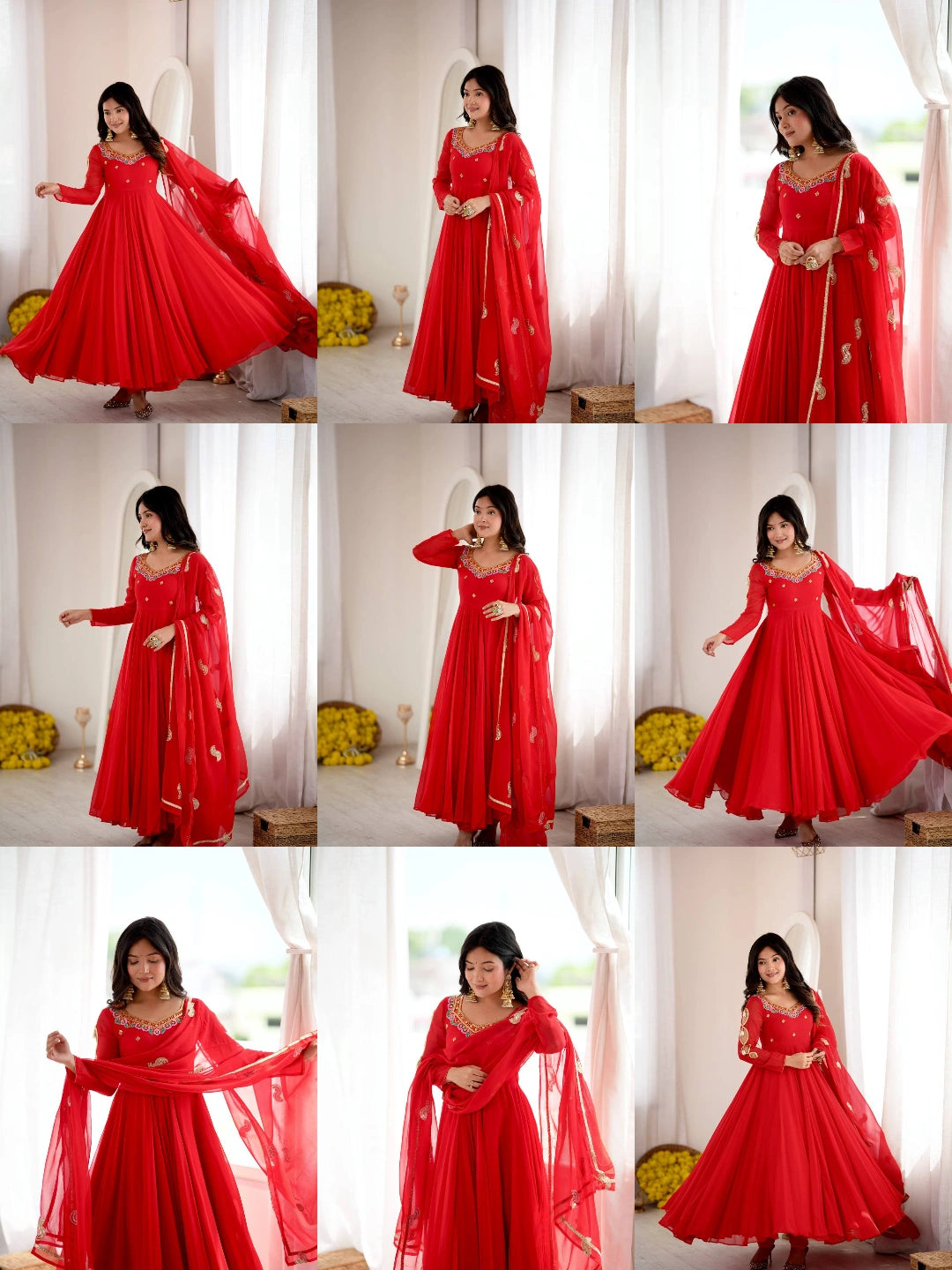 Red Sequins Embroidered Anarkali Suit panoramic flatlay KU268