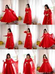 Red Sequins Embroidered Anarkali Suit panoramic flatlay KU268