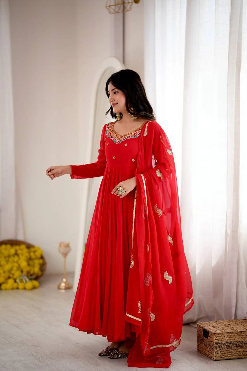 Red Anarkali Faux Georgette Suit model front view with dupatta KU268