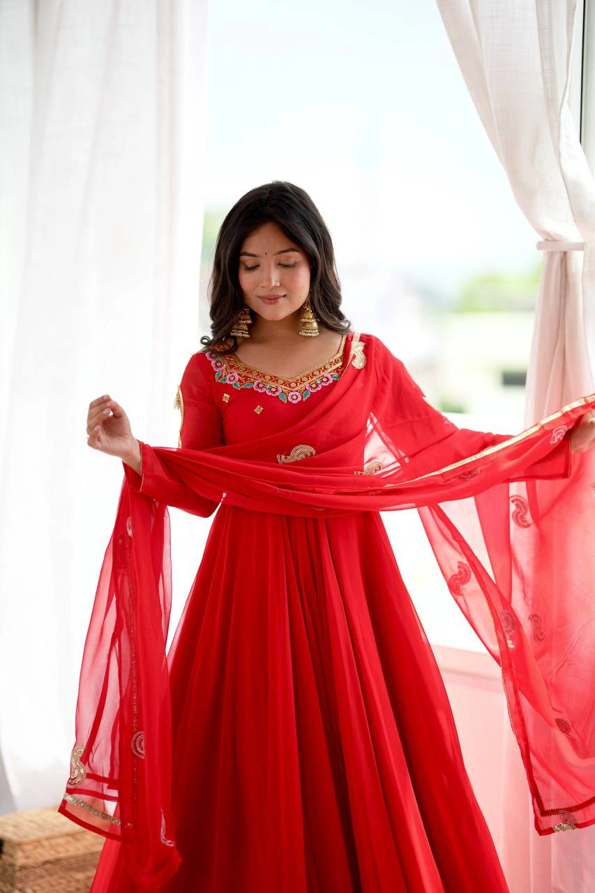 Red Sequins Embroidered Suit model three quarter view festive KU268