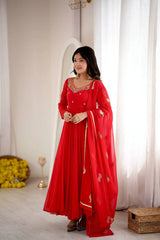 Red Anarkali Suit model action flare shot full length KU268
