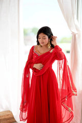 Red Sequins Embroidered Suit model different angle pose KU268