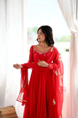 Red Suit model side view full sleeve dupatta KU268