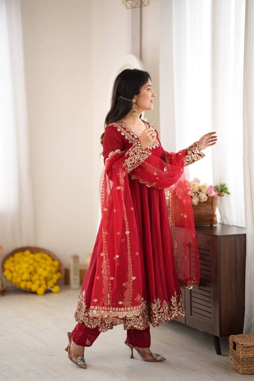 Red Sequins Embroidered Suit Hem Detail KU275 Kalyanja