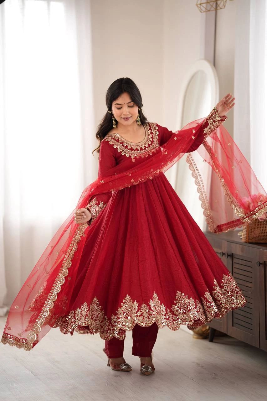 Red Sequins Suit Sleeve Detail KU275 Kalyanja