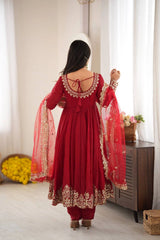 Red Anarkali Suit Close Up Neckline KU275 Kalyanja