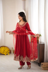 Red Sequins Embroidered Suit Angled View KU275 Kalyanja