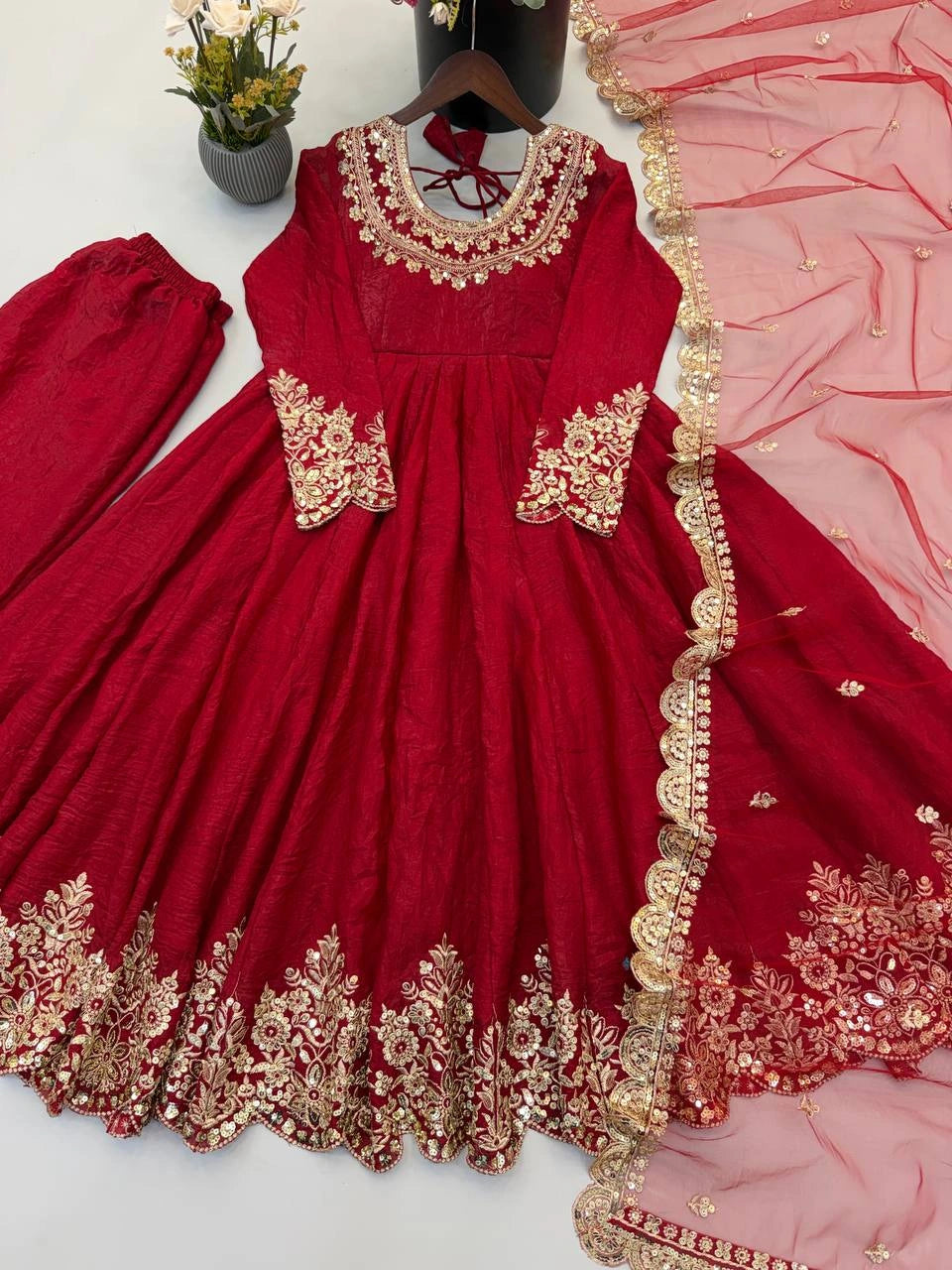 Red Sequins Suit Flat Lay All Pieces KU275 Kalyanja