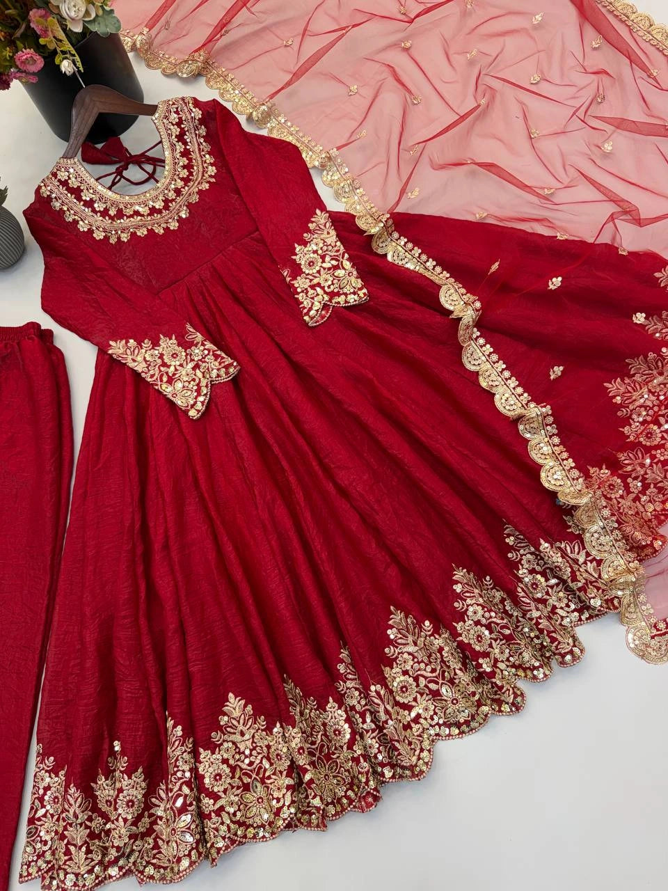 Red Sequins Embroidered Suit All Views KU275 Kalyanja