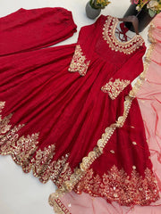 Red Anarkali Suit Embroidery Work Close Up KU275 Kalyanja