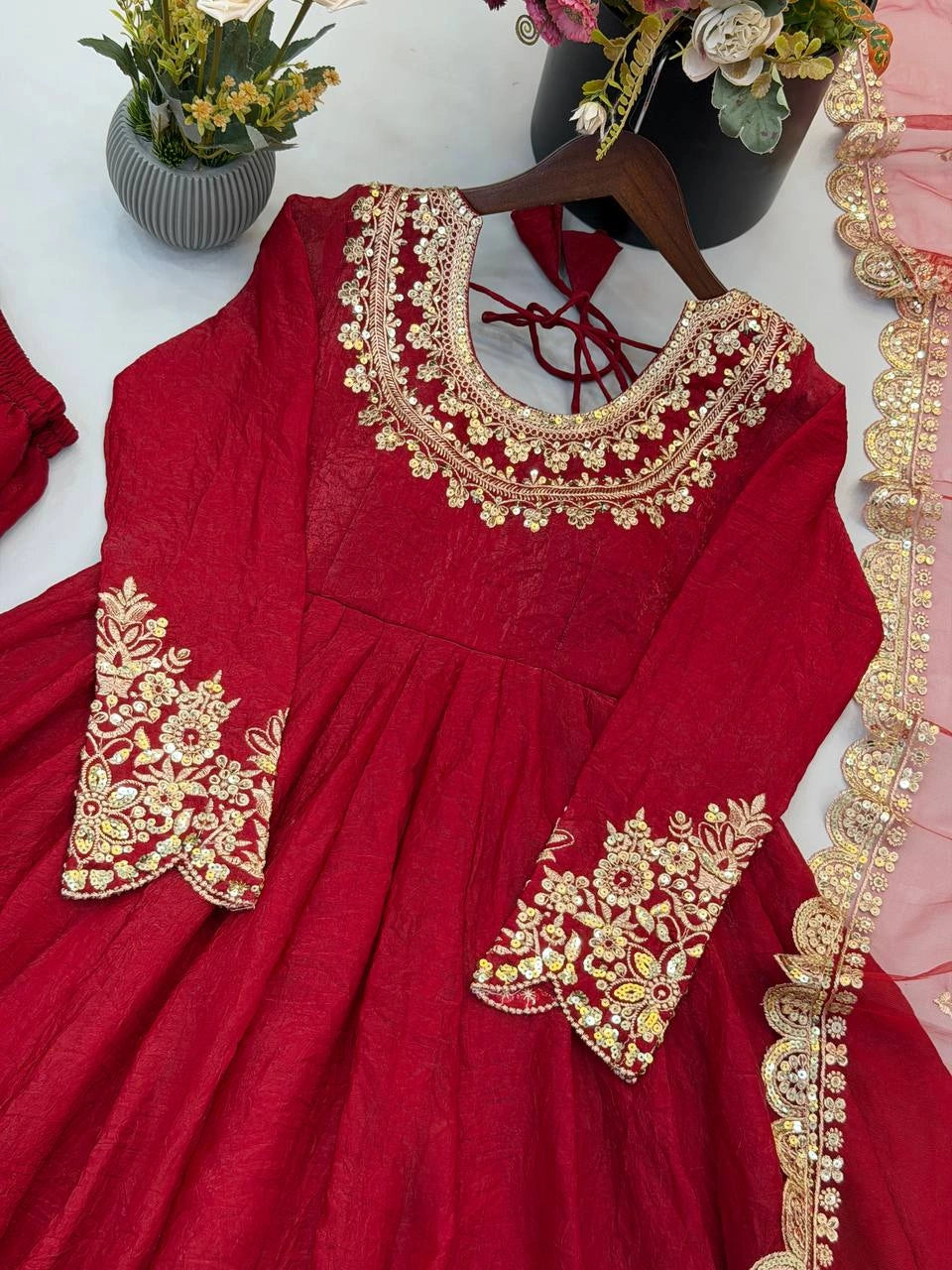 Red Anarkali Suit Gold Sequins Border KU275 Kalyanja