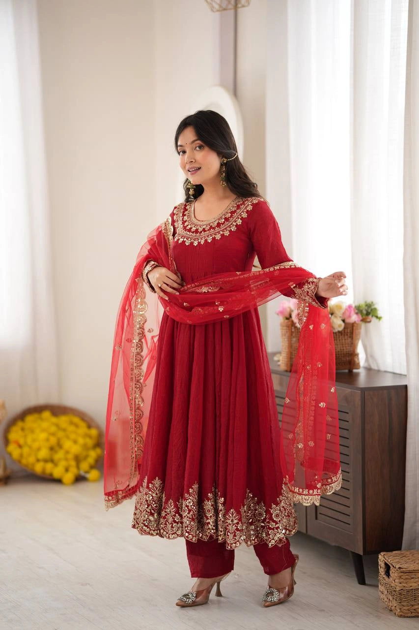 Red Sequins Embroidered Suit Full Length KU275 Kalyanja