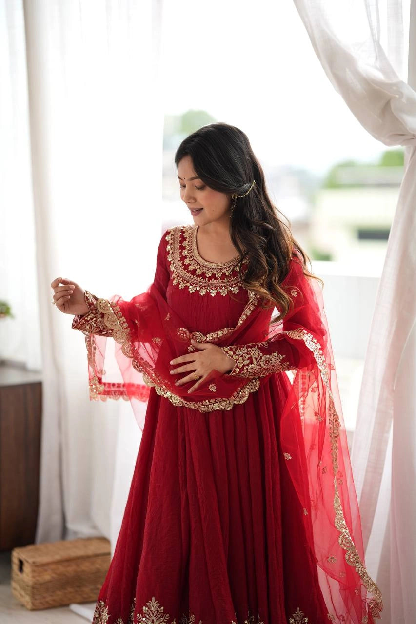 Red Anarkali Suit Sequins Gold Embroidery KU275 Kalyanja