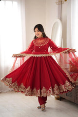 Red Anarkali Suit Flare View Sequins KU275 Kalyanja