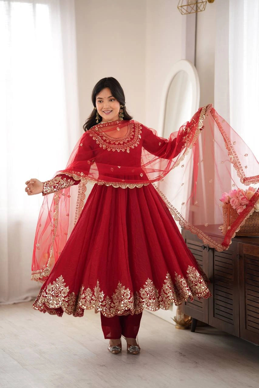 Red Sequins Embroidered Suit Round Neck Detail KU275 Kalyanja