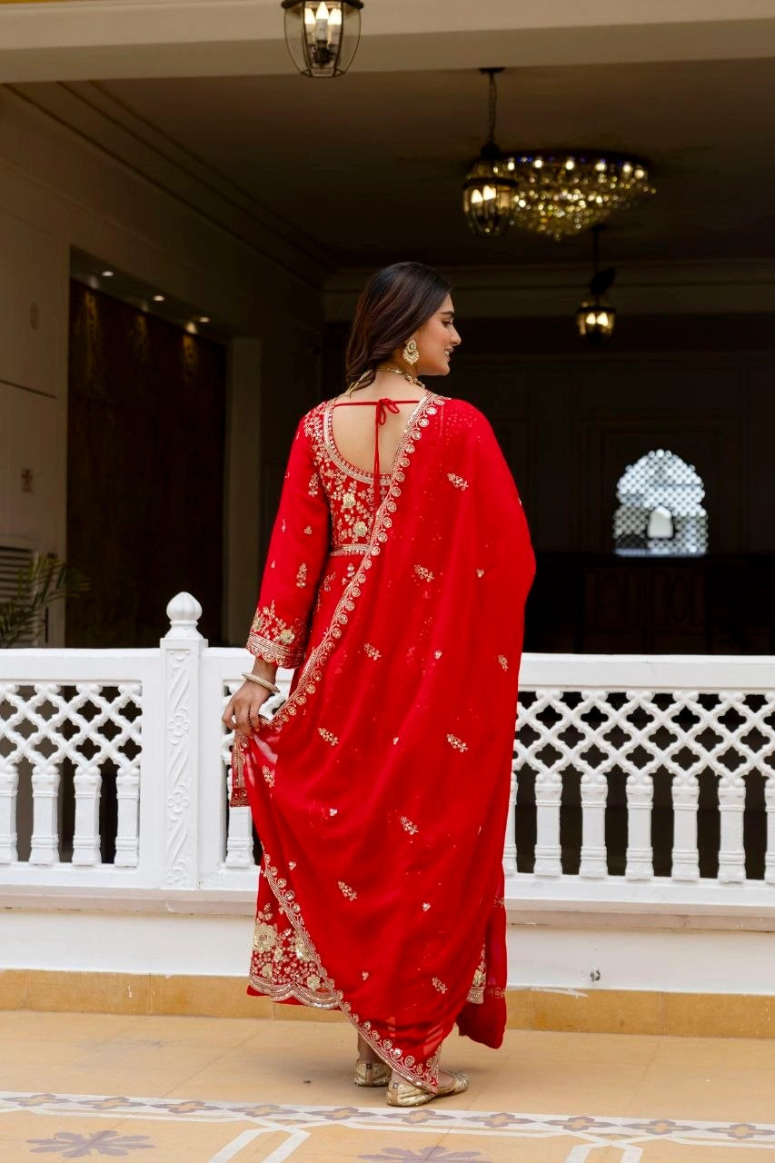 Red Anarkali Suit back view open dori tie-up design – Kalyanja KU278