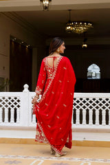 Red Anarkali Suit back view open dori tie-up design – Kalyanja KU278