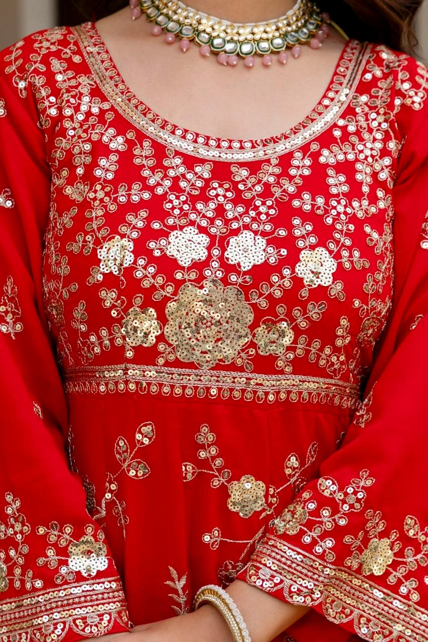 Red Sequins Embroidered Work close-up gold floral sequins detail – Kalyanja KU278