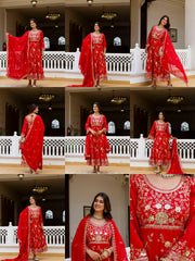 Red Sequins Embroidered Suit multiple poses collage – Kalyanja KU278