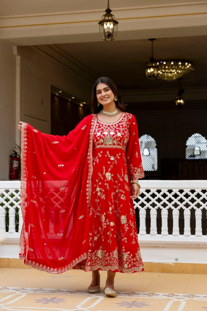 Red Sequins Embroidered Suit full length front pose with dupatta spread – Kalyanja KU278