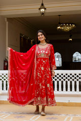 Red Sequins Embroidered Suit full length front pose with dupatta spread – Kalyanja KU278
