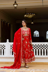 Red Blooming Georgette Anarkali Suit full length front smiling pose – Kalyanja KU278