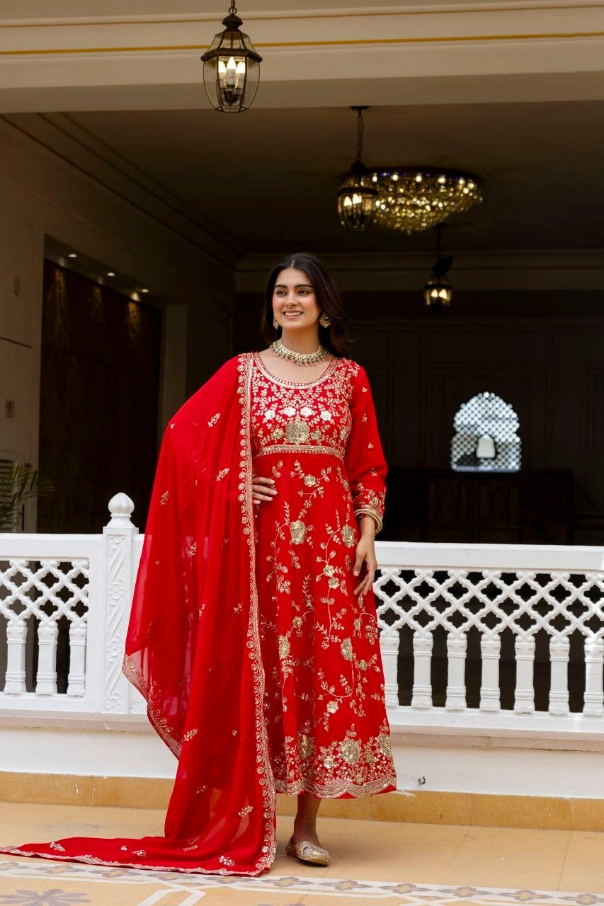 Red Sequins Embroidered Suit full length dupatta over shoulder – Kalyanja KU278