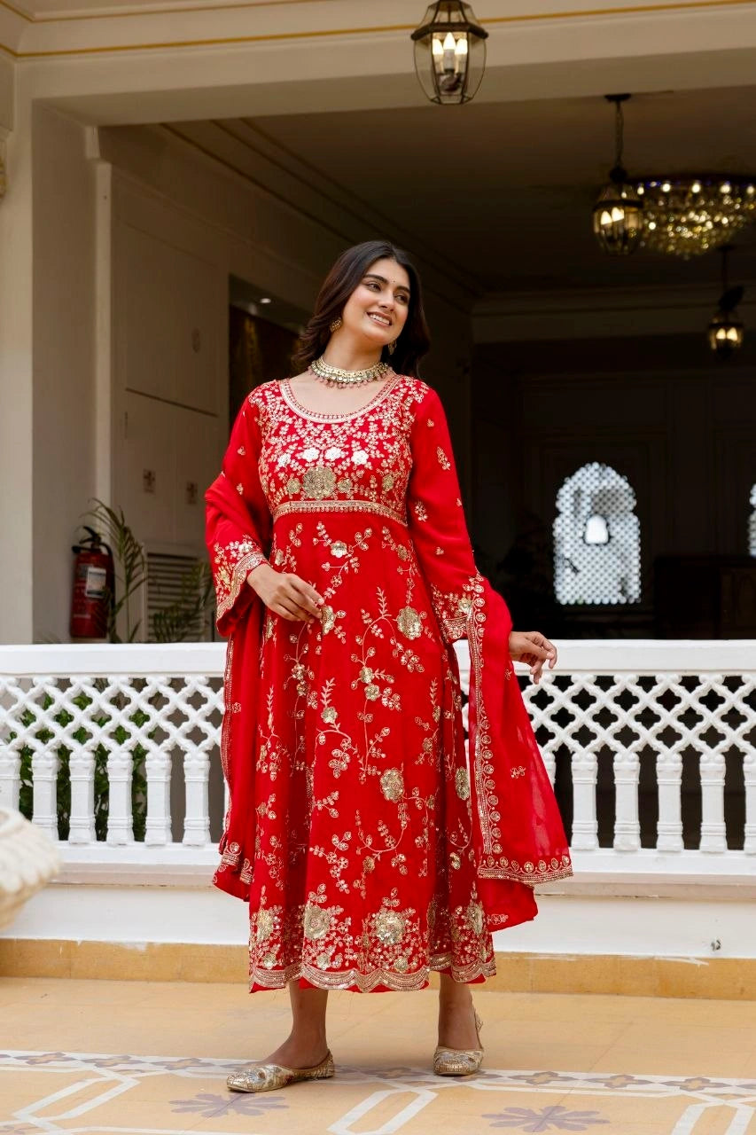 Red Anarkali Suit full length dupatta draped one side – Kalyanja KU278