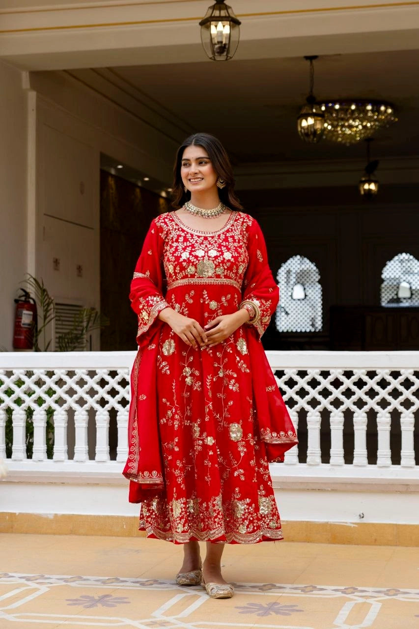 Red Sequins Embroidered Blooming Georgette Suit front full length – Kalyanja KU278