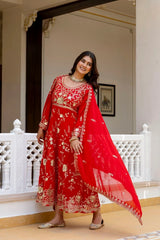 Red Anarkali Suit three quarter length pose railing – Kalyanja KU278