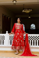 Red Anarkali Suit three quarter length dupatta trailing railing – Kalyanja KU278