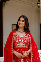 Red Sequins Embroidered Suit upper body close-up neckline detail – Kalyanja KU278