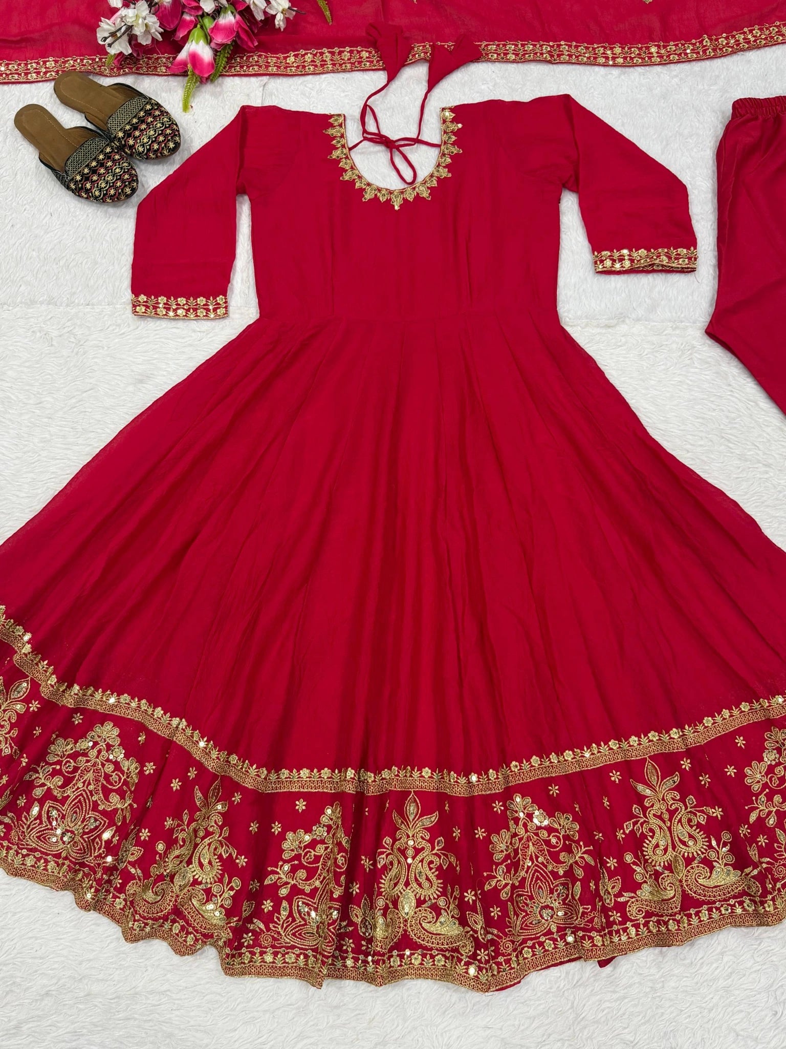 Red Sequins Embroidered Suit – Anarkali Pant Set with Dupatta
