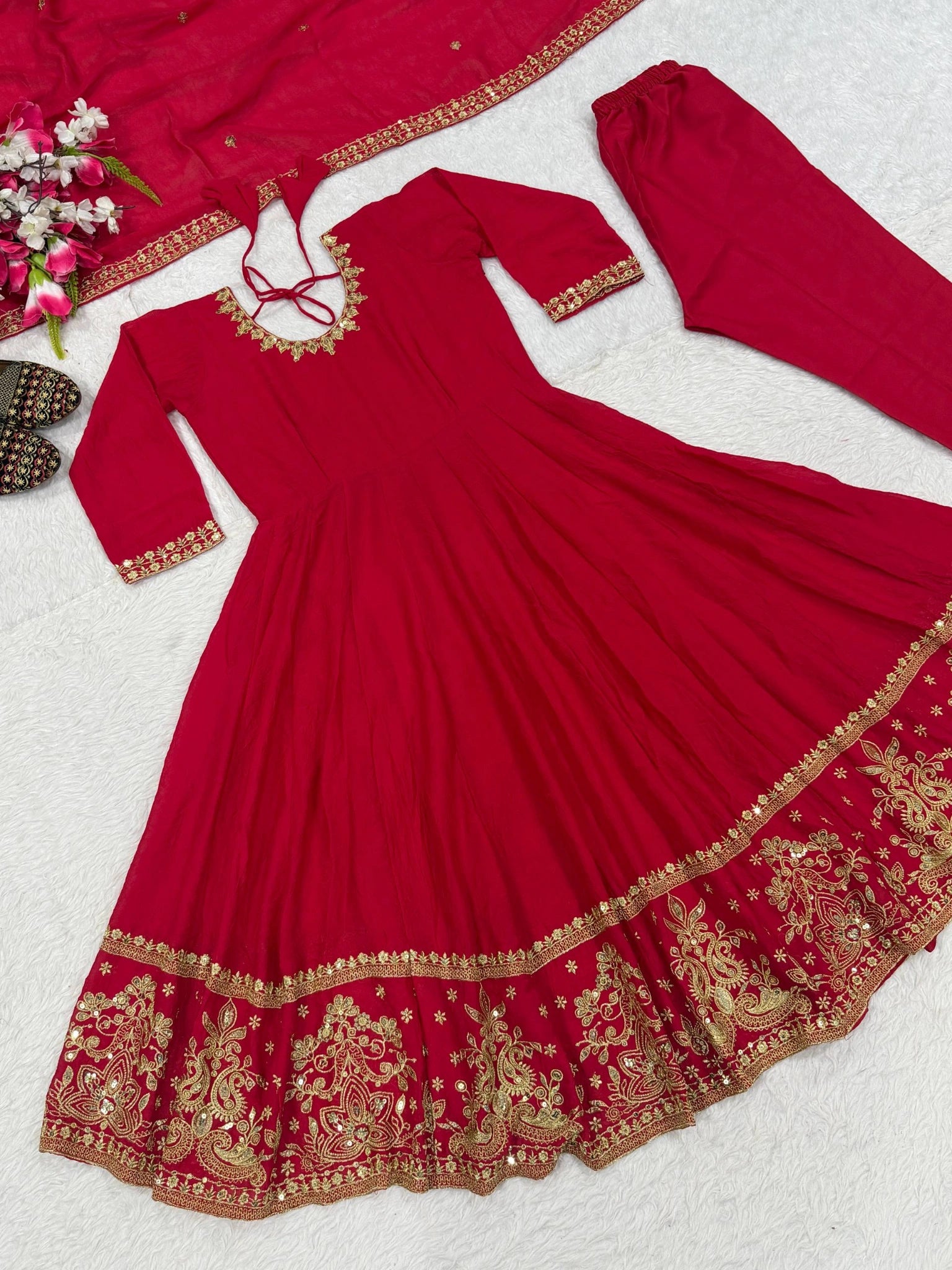 Red Sequins Embroidered Suit – Anarkali Pant Set with Dupatta