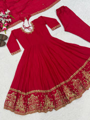 Red Sequins Embroidered Suit – Anarkali Pant Set with Dupatta