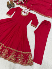 Red Sequins Embroidered Suit – Anarkali Pant Set with Dupatta