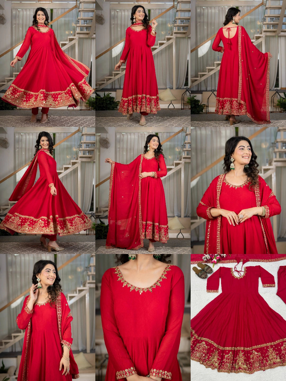 Red Sequins Embroidered Suit – Anarkali Pant Set with Dupatta