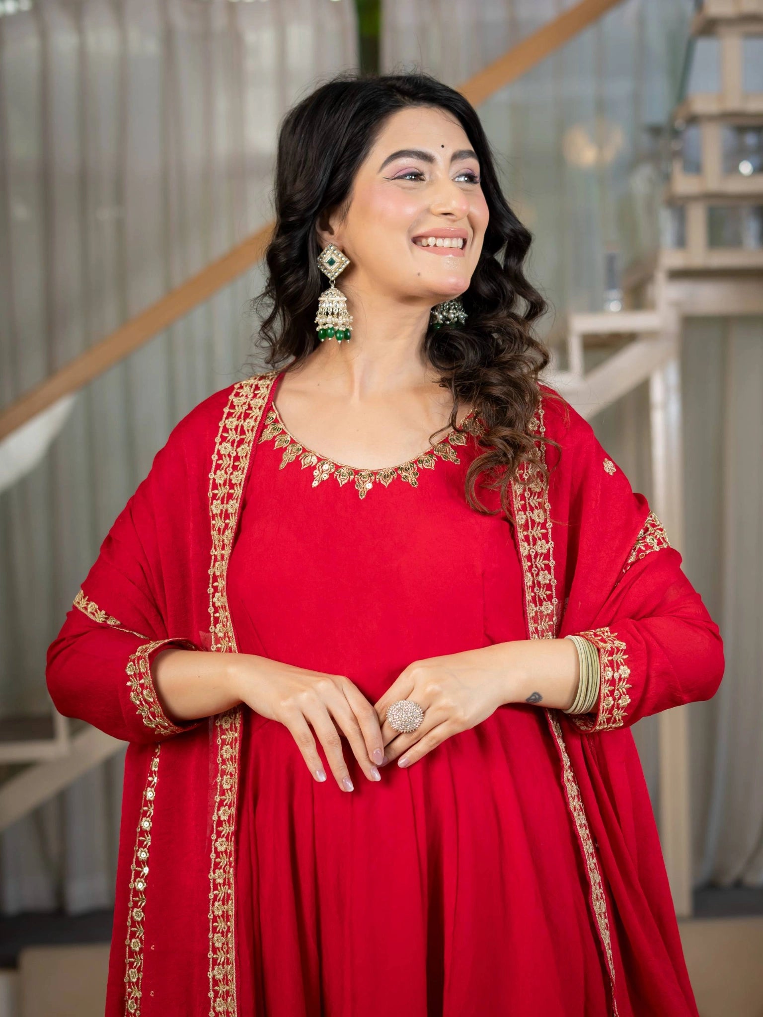 Red Sequins Embroidered Suit – Anarkali Pant Set with Dupatta