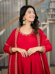 Red Sequins Embroidered Suit – Anarkali Pant Set with Dupatta