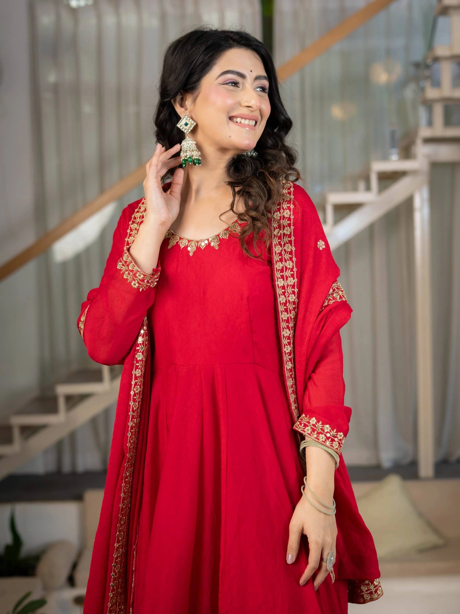 Red Sequins Embroidered Suit – Anarkali Pant Set with Dupatta