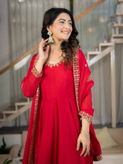 Red Sequins Embroidered Suit – Anarkali Pant Set with Dupatta