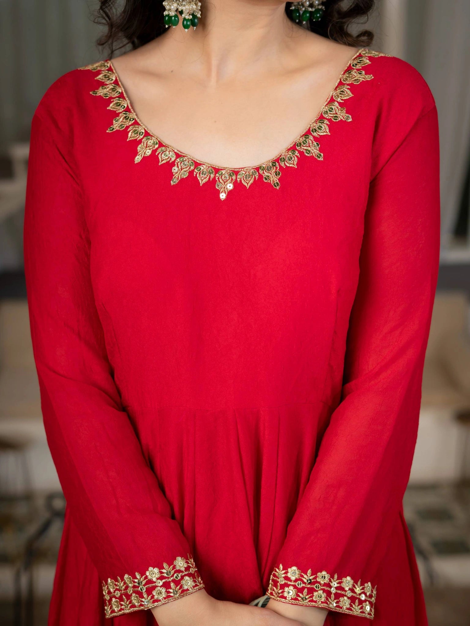 Red Sequins Embroidered Suit – Anarkali Pant Set with Dupatta