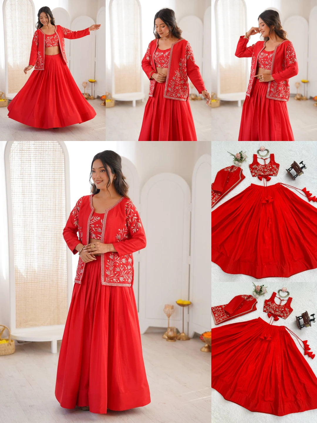 Red Sequins Embroidered Lehenga with Jacket product collage – Kalyanja KL169