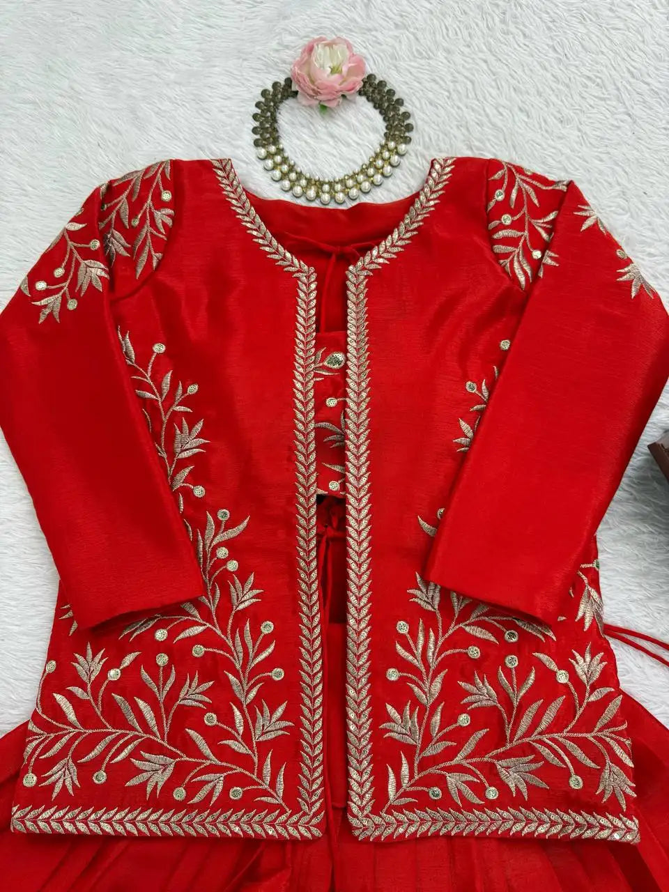 Red Jacket embroidery detail flat lay zari thread sequins work – Kalyanja KL169