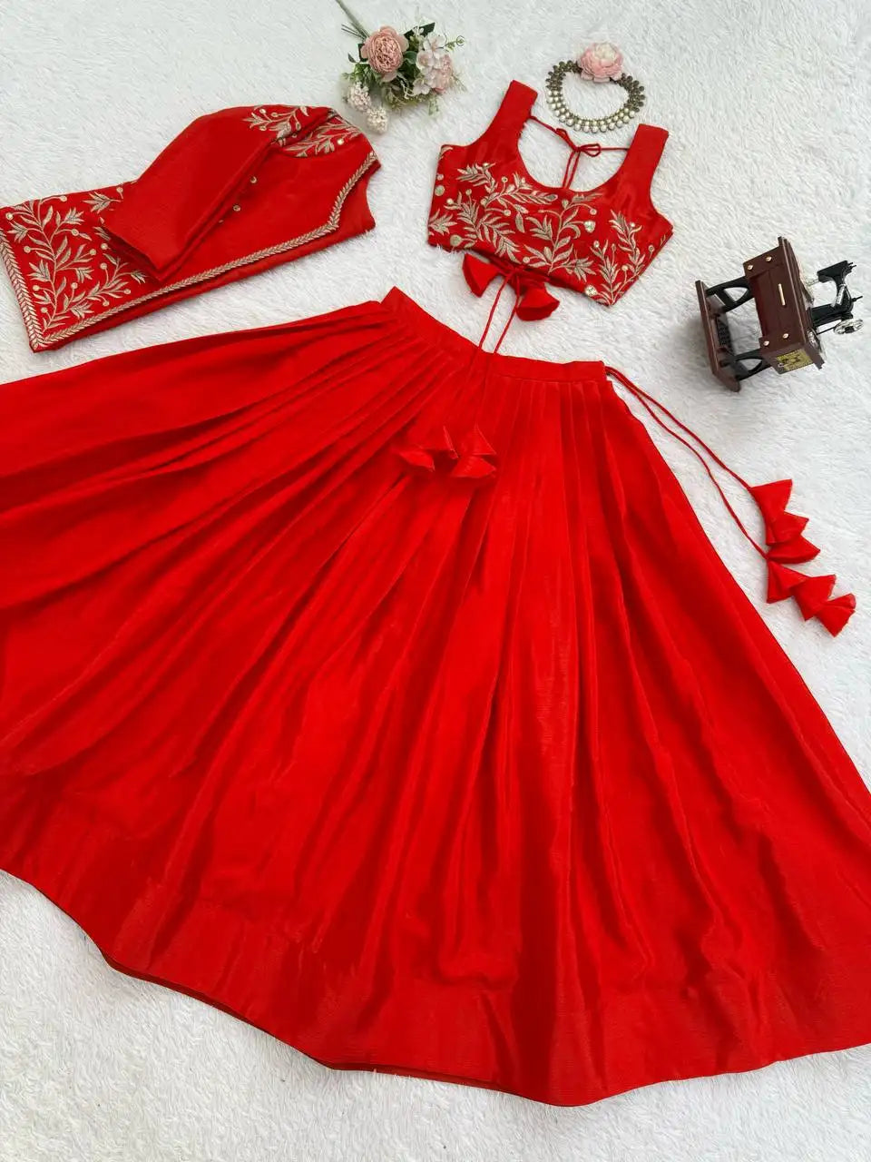 Red Lehenga Jacket flat lay jacket and lehenga skirt view – Kalyanja KL169